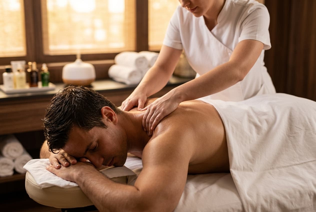Therapist massaging neck and upper shoulder tension