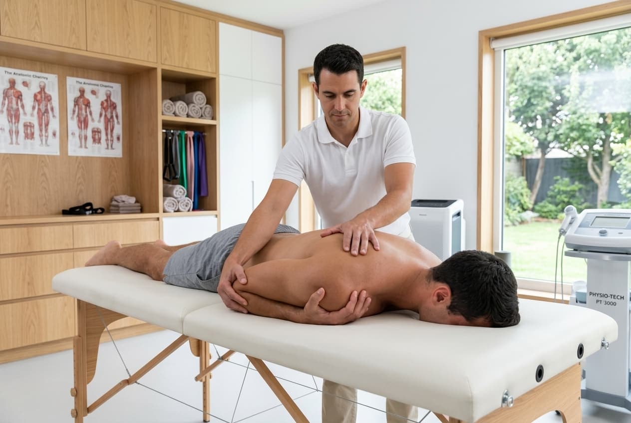Therapist performing targeted remedial joint and muscle mobility stretch